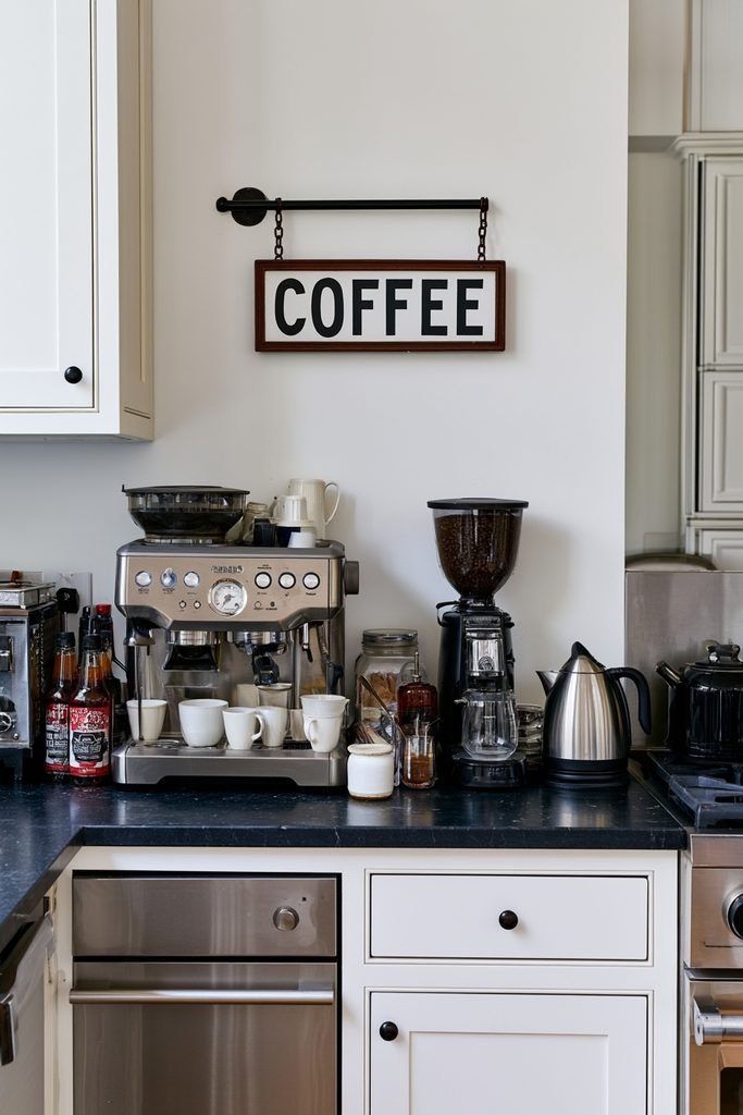 Hanging "Coffee" café sign above a home coffee bar with espresso machine, mugs and coffee accessories.