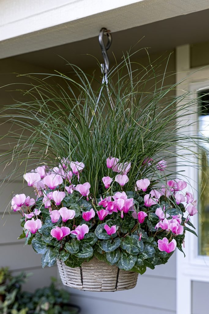 Pink cyclamen flowers and needle grass arranged in a textured fall hanging basket