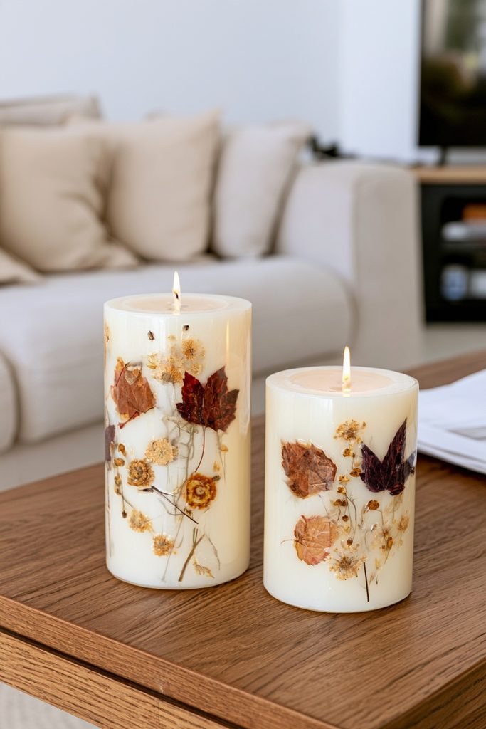 Pressed fall leaf and dried flower pillar candles arranged together on a living room coffee table.