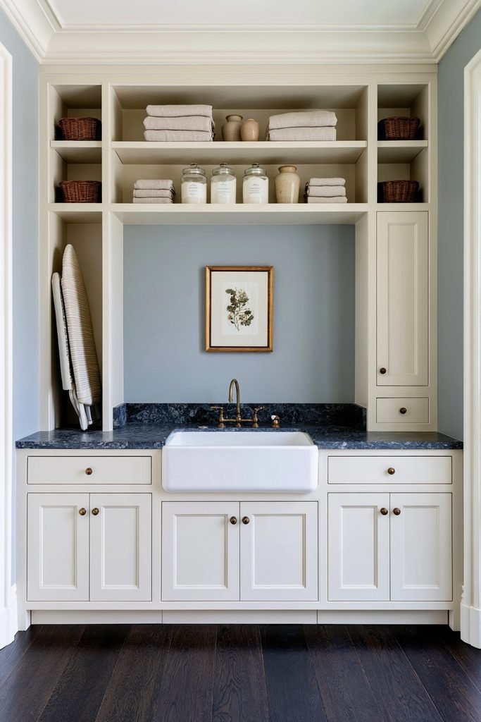 Concealed washer and dryer behind traditional cabinet doors in an elegant utility room