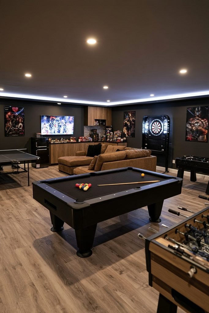 Converted modern garage game room with a pool table, foldaway ping pong table, foosball table, sectional seating, gaming screen, mini-fridge, and dartboard.