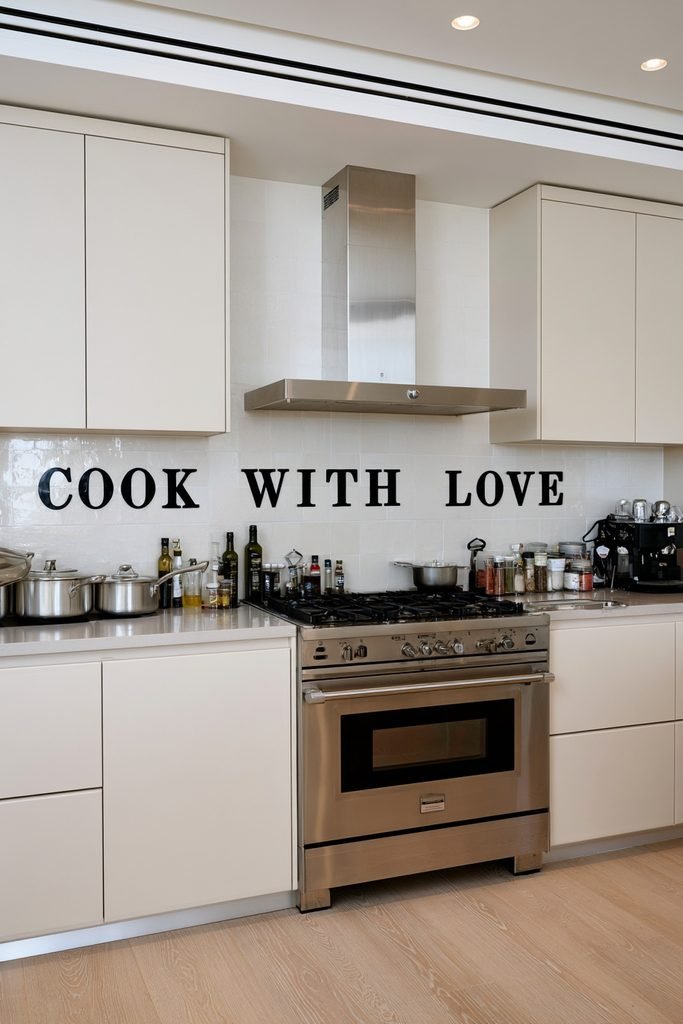 Black metal "Cook With Love" lettering attached to a tiled backsplash in a modern kitchen.