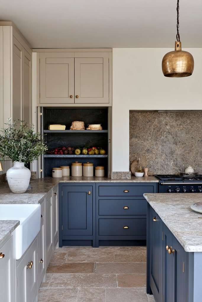 Traditional larder cupboard with marble and slate shelves storing food, ceramic containers, preserves, vegetables, and drinks