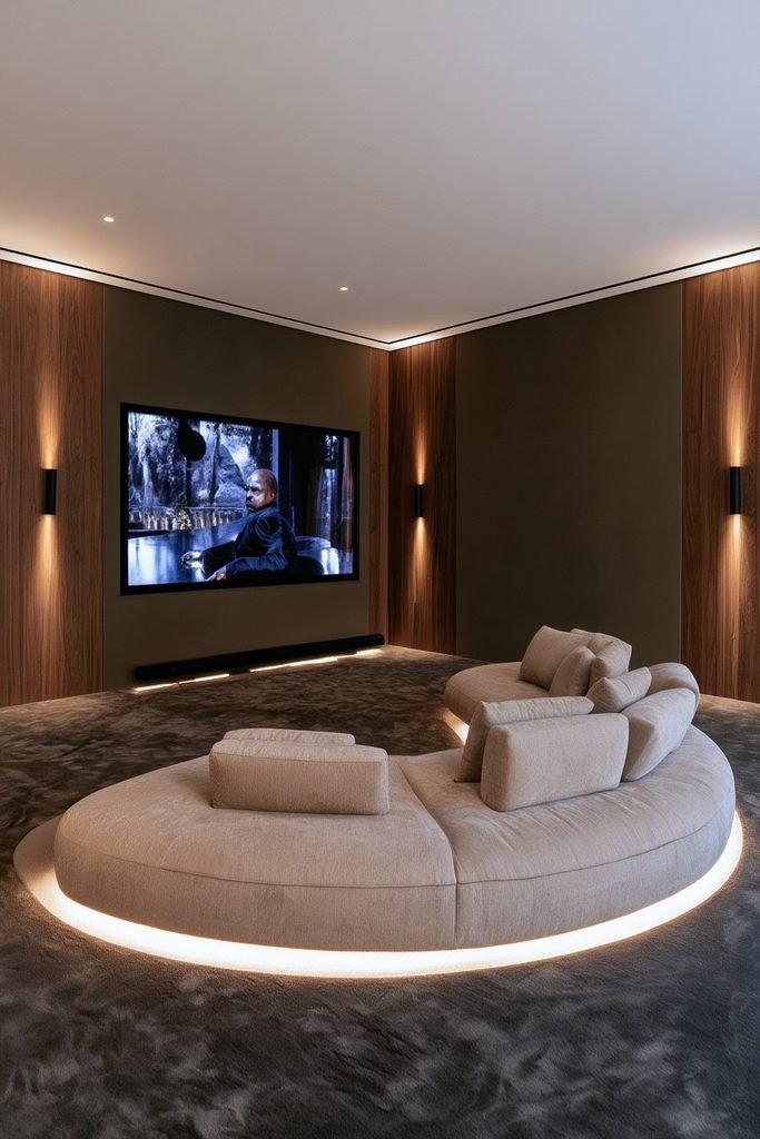Compact corner home theater with curved seating arranged toward the wall-mounted cinema screen