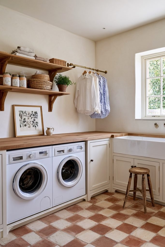 Farmhouse utility room with a wood countertop installed over side-by-side washer and dryer