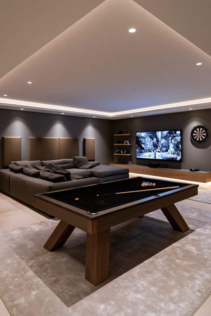 Compact home game room using strategic acoustic panels behind seating and around the gaming screen, with a pool table, dartboard, and LED lighting.