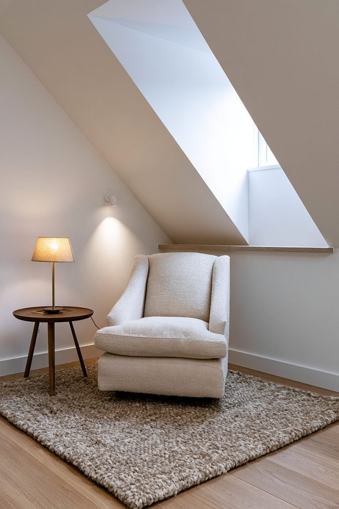 Small loft reading nook beneath a sloped roof with armchair, textured rug, reading light, eaves storage, and rooflight