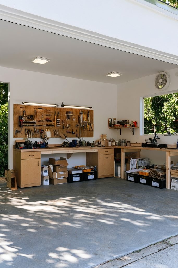 Garage conversion craft workshop with a wall-mounted pegboard, organized tools, workbench, storage shelves, and task lighting.