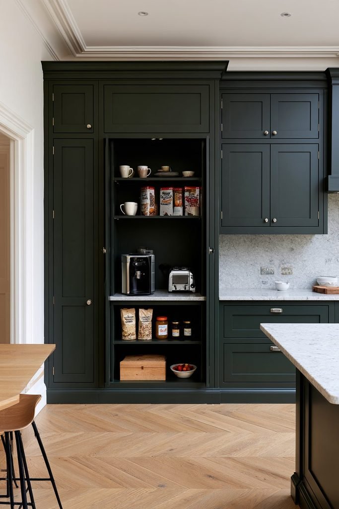 Breakfast station larder cupboard with coffee machine, cereals, mugs, spreads, and organized breakfast supplies
