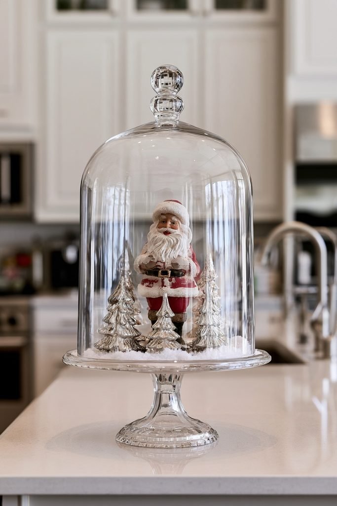 Glass cloche Christmas vignette with vintage Santa and mercury glass trees