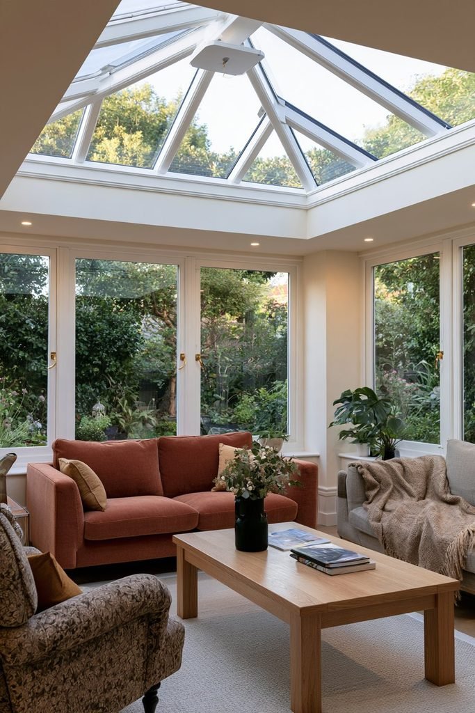 Cozy orangery sitting room with warm textiles, comfortable furniture, and garden views.