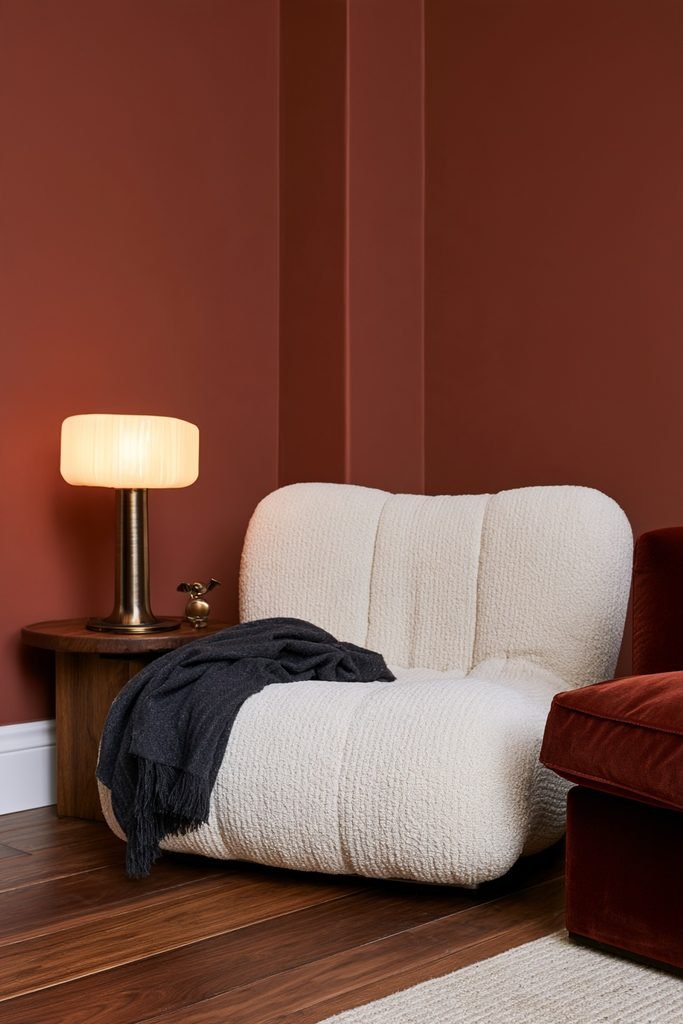Cozy New Year's Eve lounge corner with a soft throw, comfortable seating, and warm table lamp