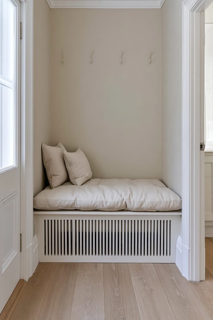 Radiator cover bench with a cushioned seat in a narrow hallway