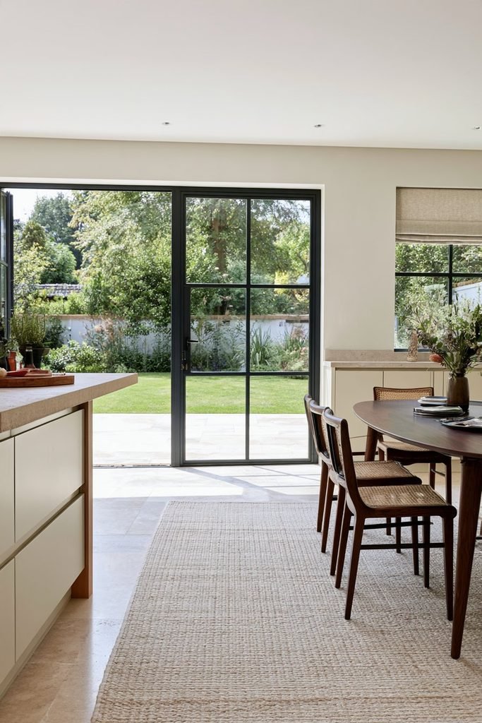 Light-filled kitchen dining room opening onto a garden through single and double Crittall glass doors