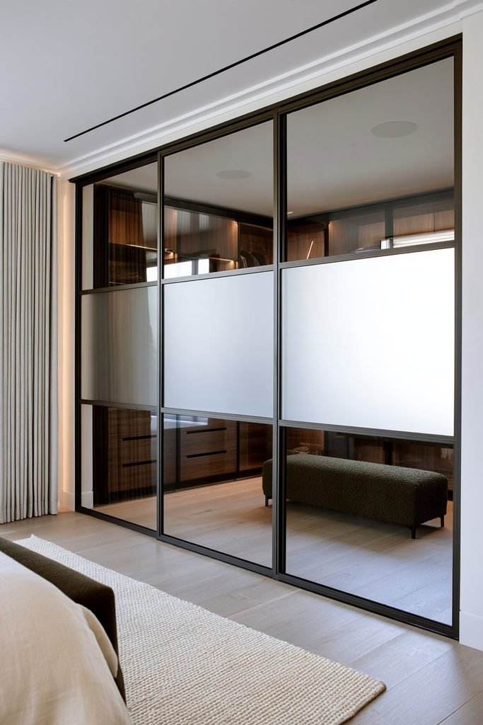 Modern dressing room with graphite Crittall-style sliding wardrobe doors and frosted glass panels