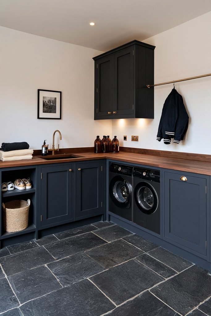 Dark charcoal-blue cabinets and walnut countertop in a stylish modern utility room