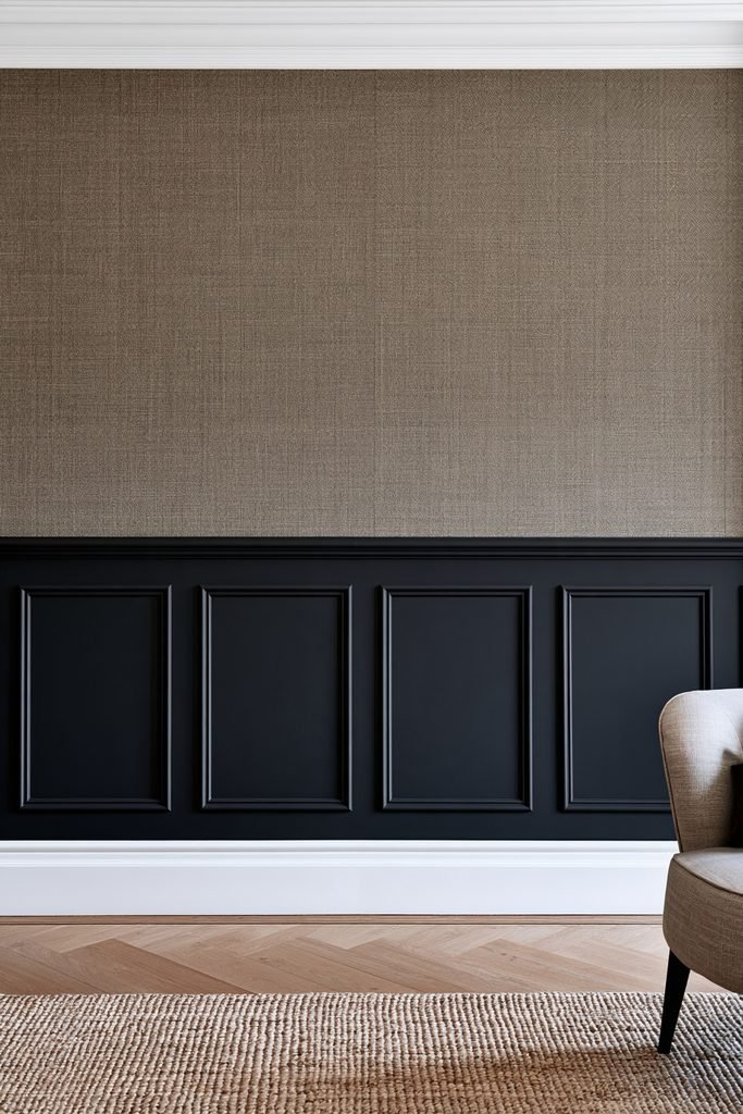 Dark charcoal lower wall with a dado rail and softer wallpaper above in a moody interior