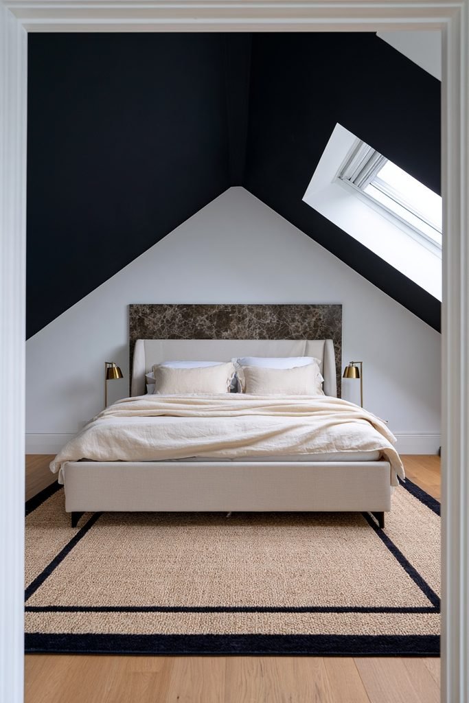 Compact loft bedroom with dramatic dark sloping ceiling, low-profile bed, eaves storage, rooflight, and oak flooring