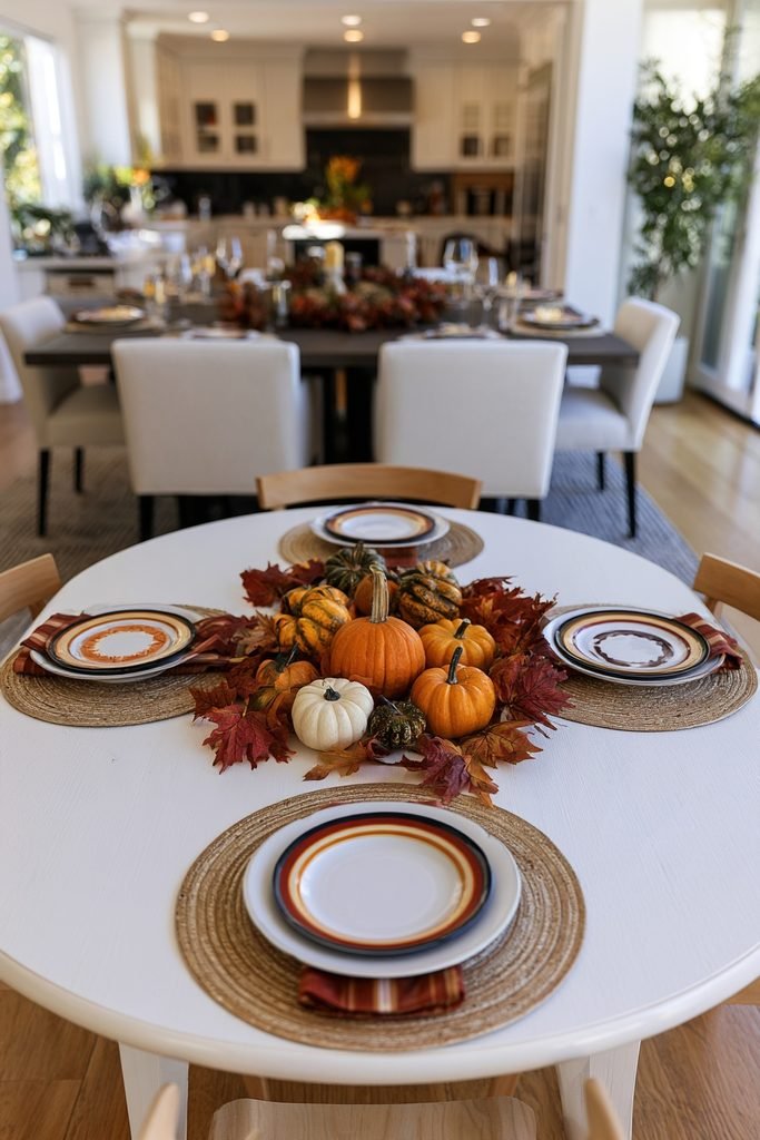 Thanksgiving kids' table decorated with miniature pumpkins, a paper autumn leaf garland, and child-friendly place settings.