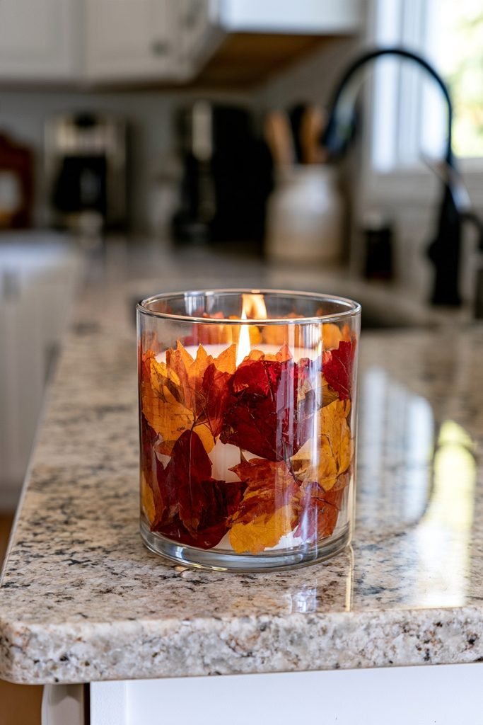 DIY decoupage fall leaf candle jars displayed on a kitchen countertop with realistic autumn home decor.