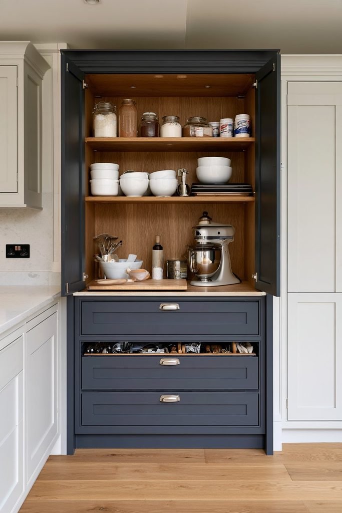 Baking center larder cupboard with flour, sugar, mixing bowls, measuring tools, baking trays, and compact stand mixer