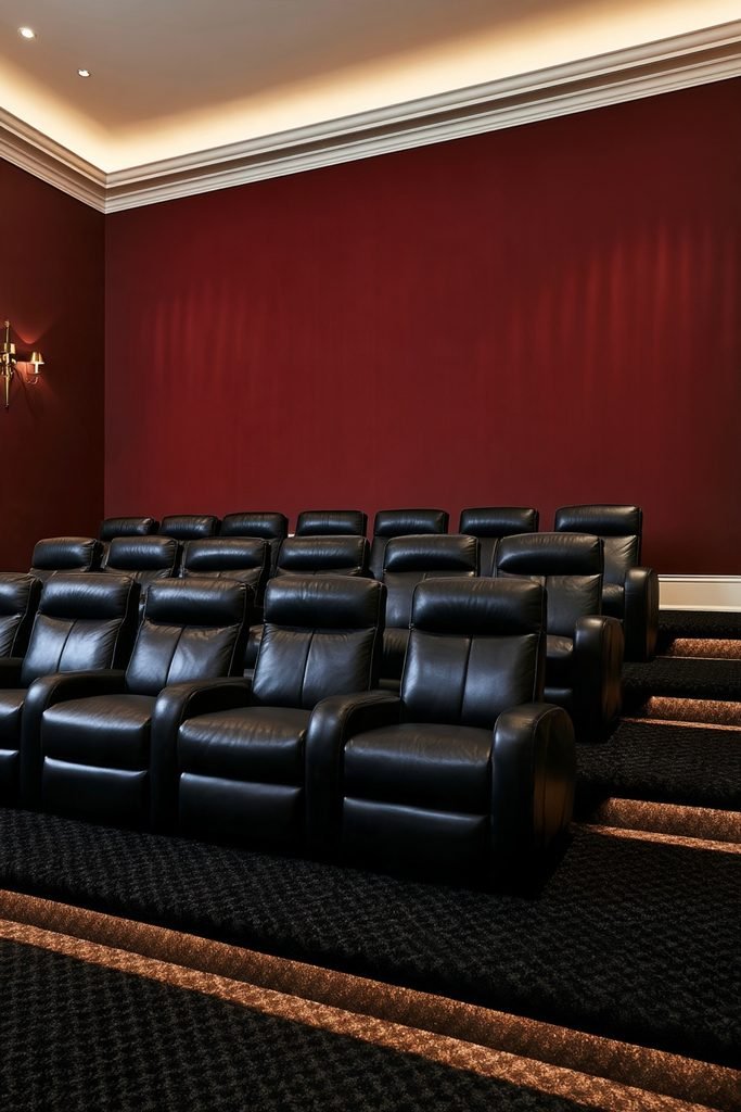 Classic home theater with deep red walls, heavy curtains, leather recliners, and large cinema screen
