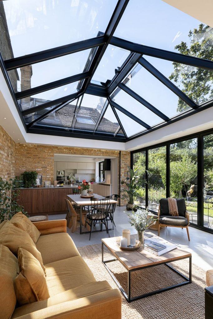 Open-plan orangery family room combining kitchen, dining, and comfortable lounge areas.