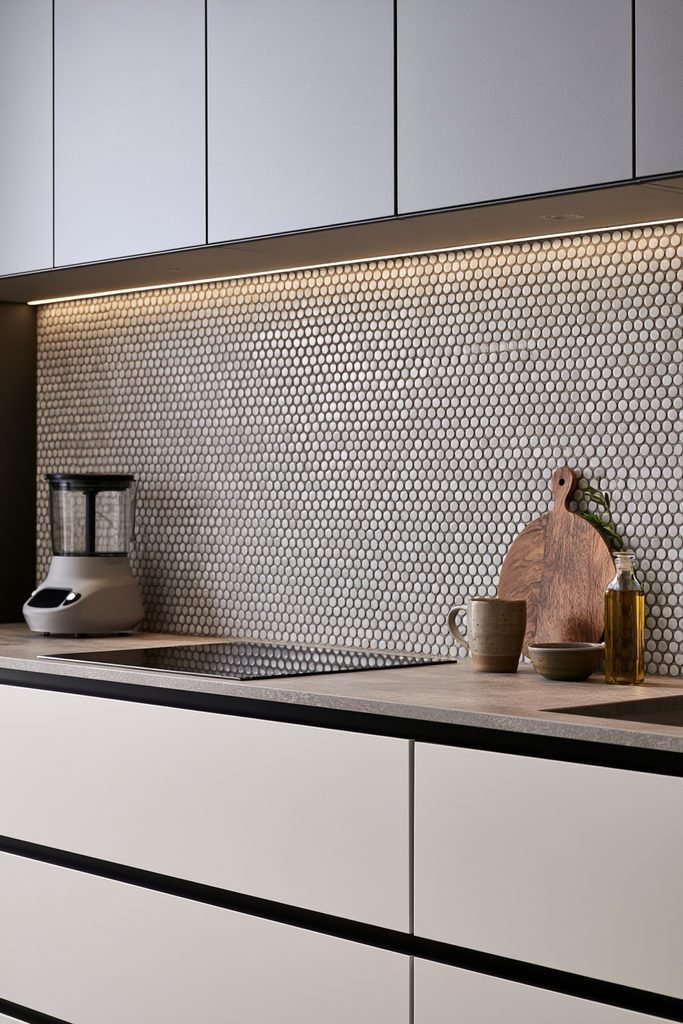 Stylish kitchen featuring a detailed penny tile backsplash with small circular tiles creating subtle texture.