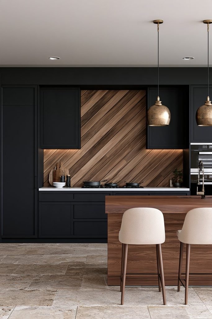 Honey-toned diagonal shiplap backsplash in a dramatic modern farmhouse kitchen with black cabinetry, walnut island, and flagstone flooring.