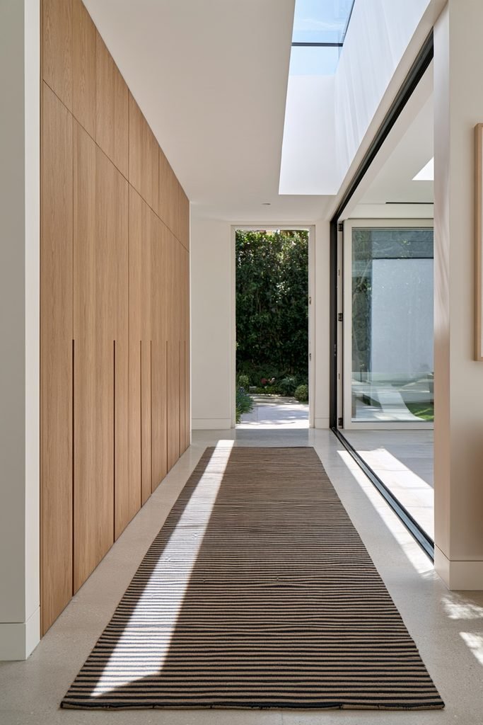Diagonal striped hallway runner in a craftsman-style hall with a side window, wood flooring, framed artwork, and staircase.