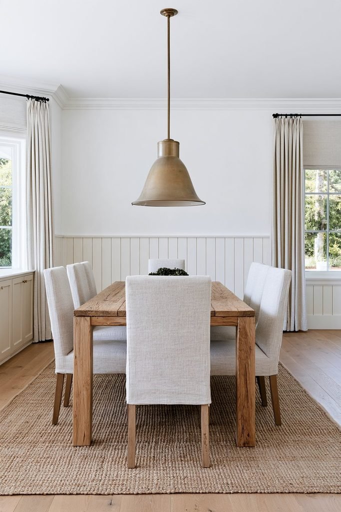 Beige vertical shiplap wainscoting surrounding a modern farmhouse dining room with a reclaimed wood table, upholstered chairs, and vintage pendant light.