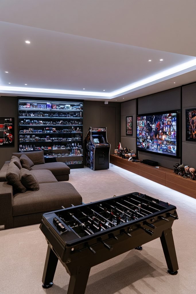 Compact modern gaming room with glass-front displays of gaming collectibles, wall-mounted screen, arcade cabinet, foosball table, acoustic panels, and LED lighting.