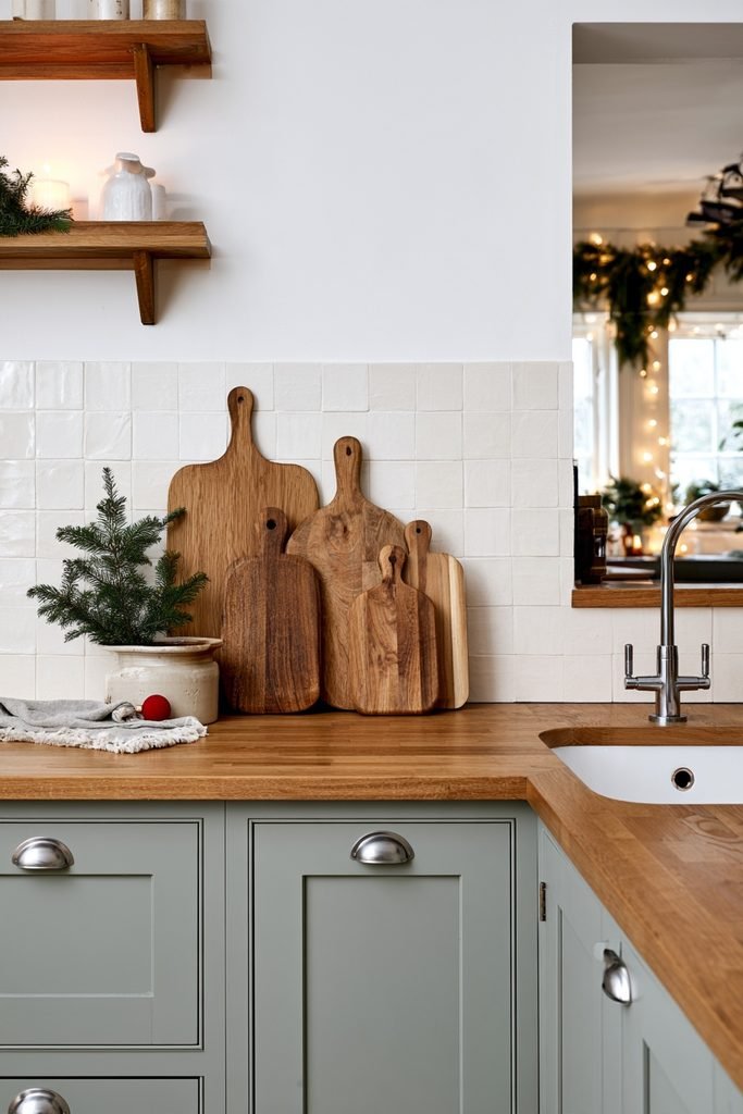 Wooden cutting boards and bread boards displayed along a Christmas kitchen backsplas