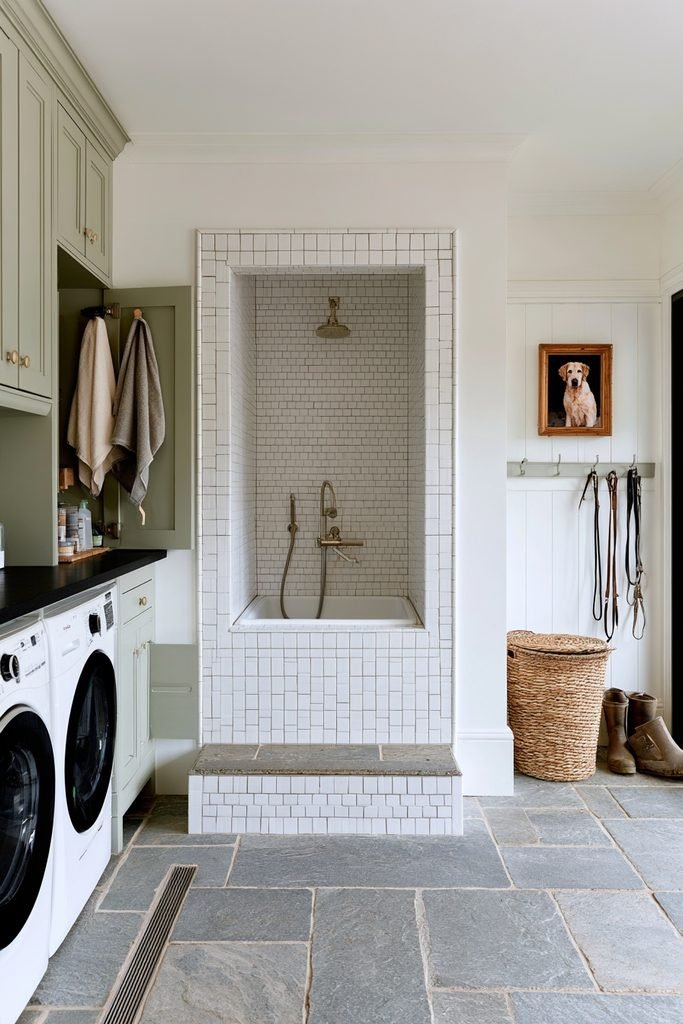 Dedicated dog wash station with handheld shower in a practical family utility room