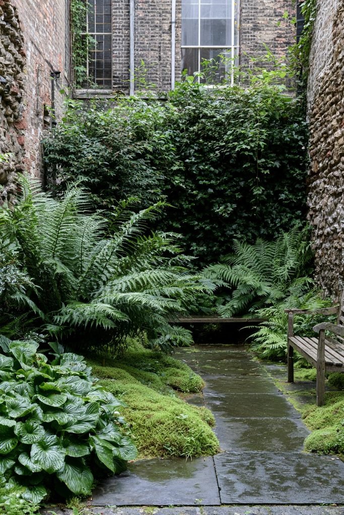 Shaded house courtyard garden with comfortable seating and plants suited to low light