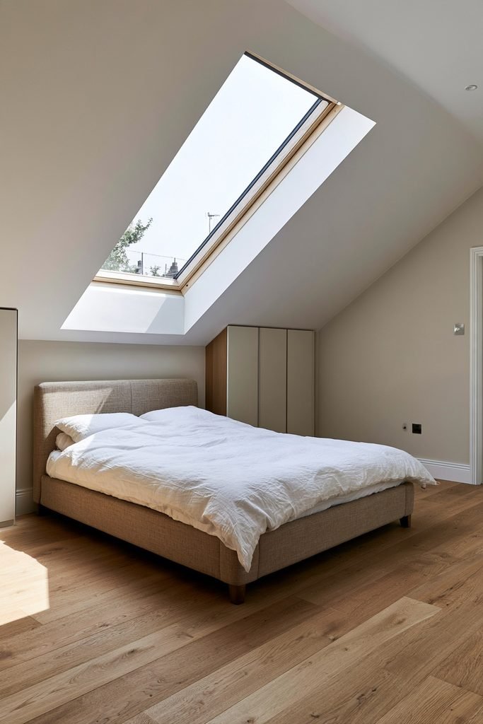 Realistic small dormer loft conversion with pitched roof, rear dormer, double bed, eaves wardrobe, and natural oak flooring
