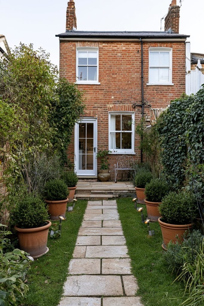 Traditional brick house courtyard using repeated plants, planters, and architectural details