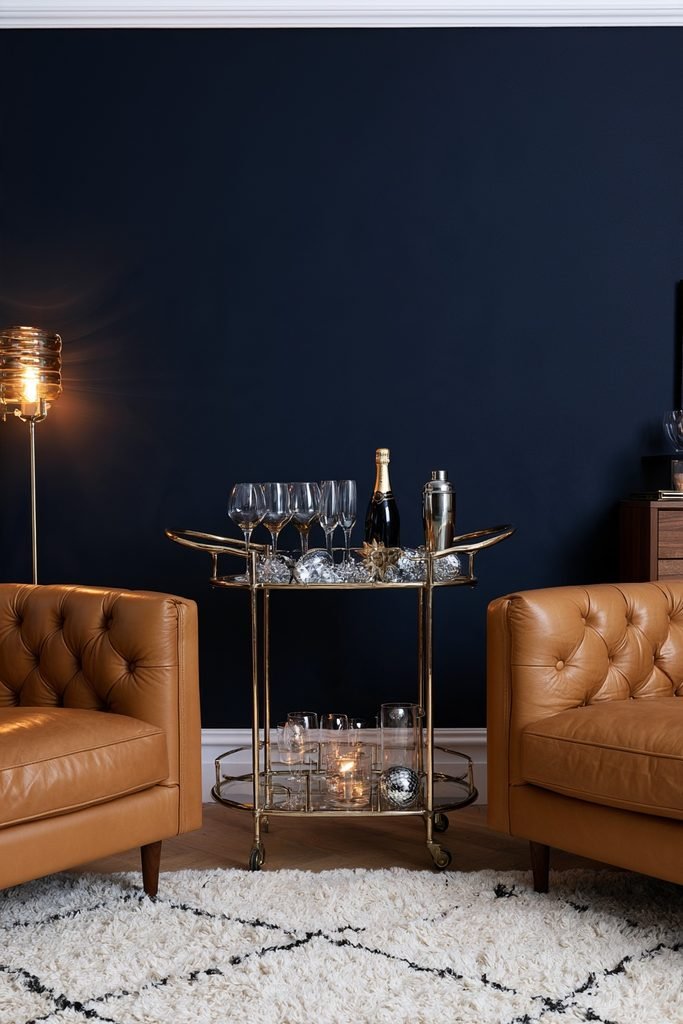 Stylish New Year's Eve bar cart decorated with mini disco balls, metallic stars, and champagne glasses