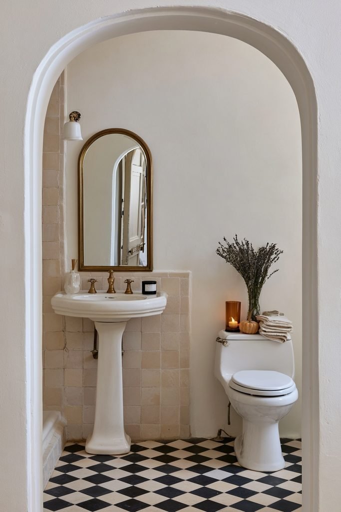 Small bathroom toilet tank styled with a candle, folded washcloths and fall botanicals
