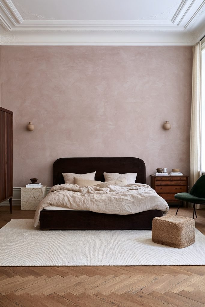 Scandi bedroom with layered linen bedding, blue-gray walls, oak furniture, and soft natural daylight