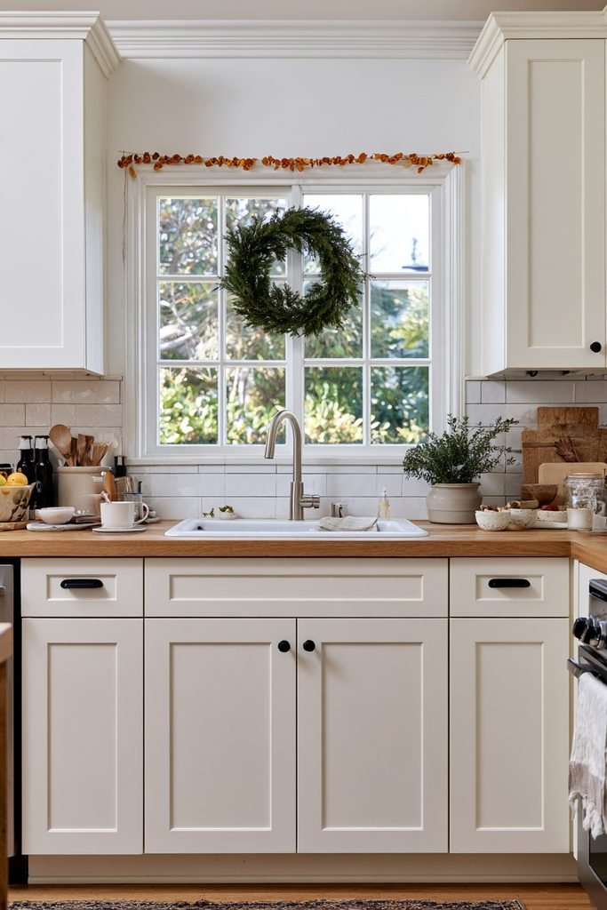 Christmas kitchen window decorated with an evergreen wreath and dried orange garland