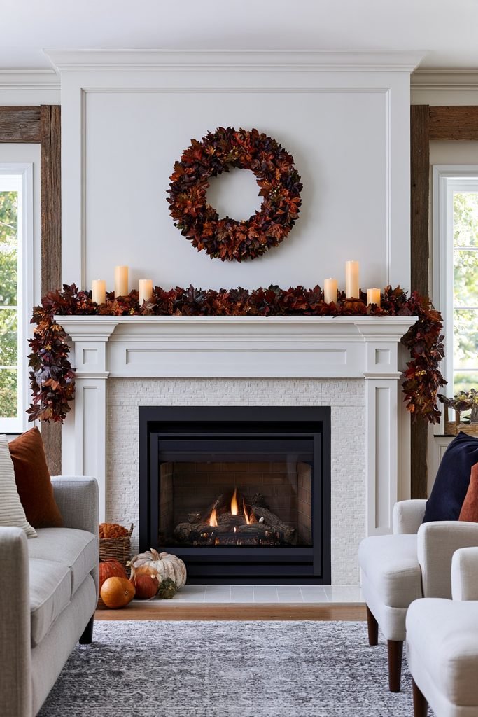 Thanksgiving fireplace mantel styled with autumn garland, a seasonal wreath, and warm pillar candles.