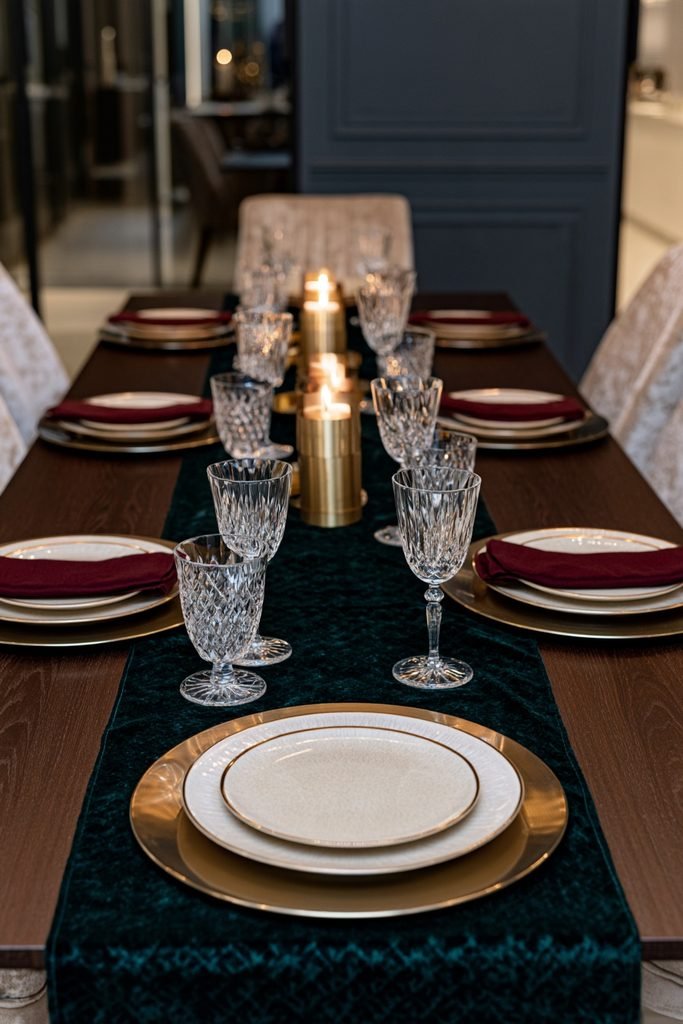 Luxurious New Year's Eve tablescape with emerald velvet runner, gold chargers, and crystal glassware