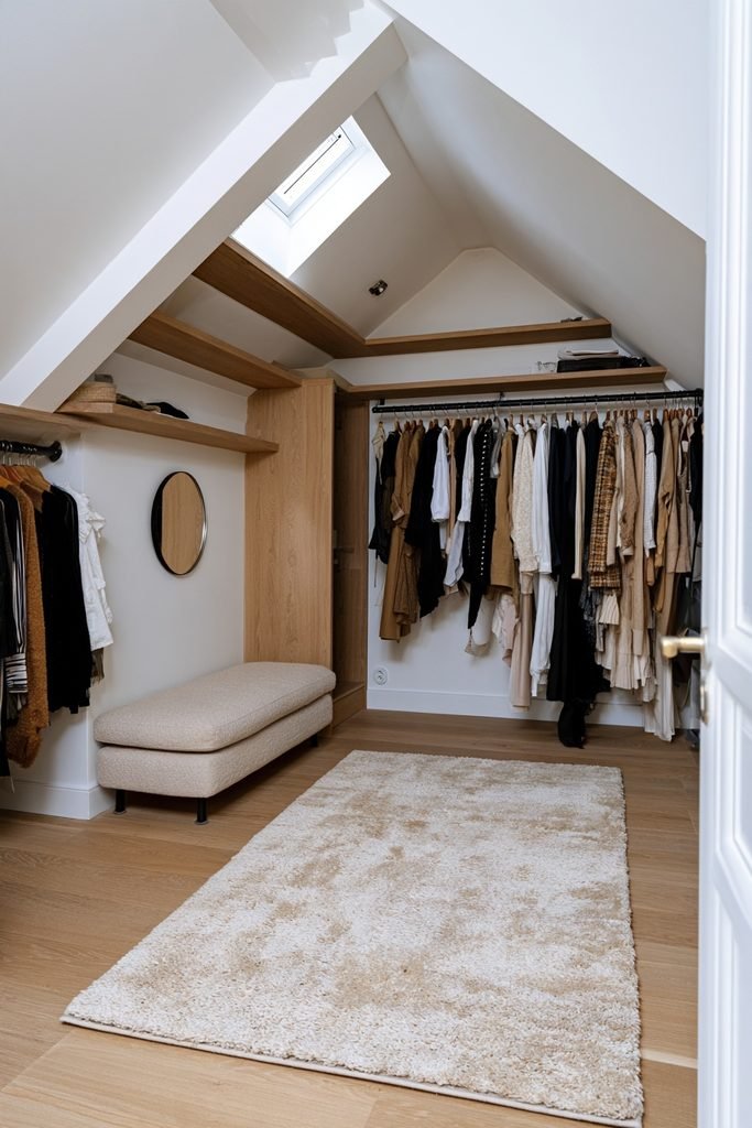 Small loft dressing room with sloped ceiling, custom wardrobe storage, bench, mirror, and rooflight