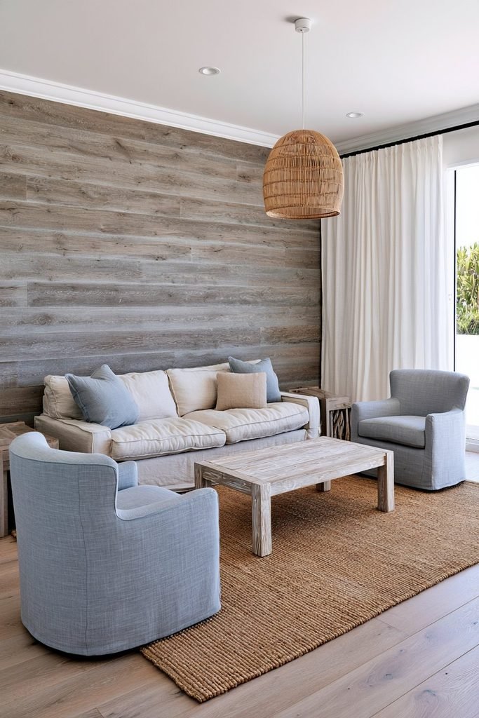 Weathered driftwood-toned shiplap accent wall in a relaxed coastal living room with linen furniture, woven rug, and soft blue accents.