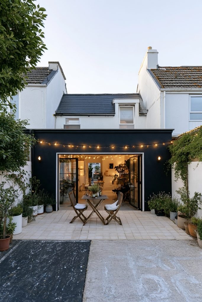 Garage conversion with a former driveway transformed into a courtyard patio featuring tiled paving, string lights, potted plants, and glazed doors.