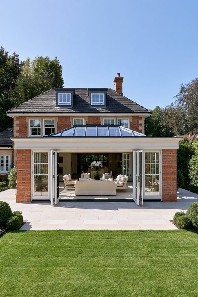 Red brick orangery extension matching the existing home's exterior with garden-facing windows.