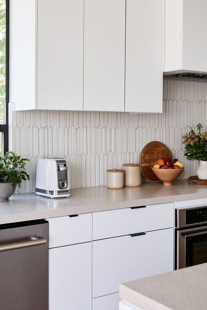Modern kitchen with an elongated picket tile backsplash creating a clean geometric wall pattern.