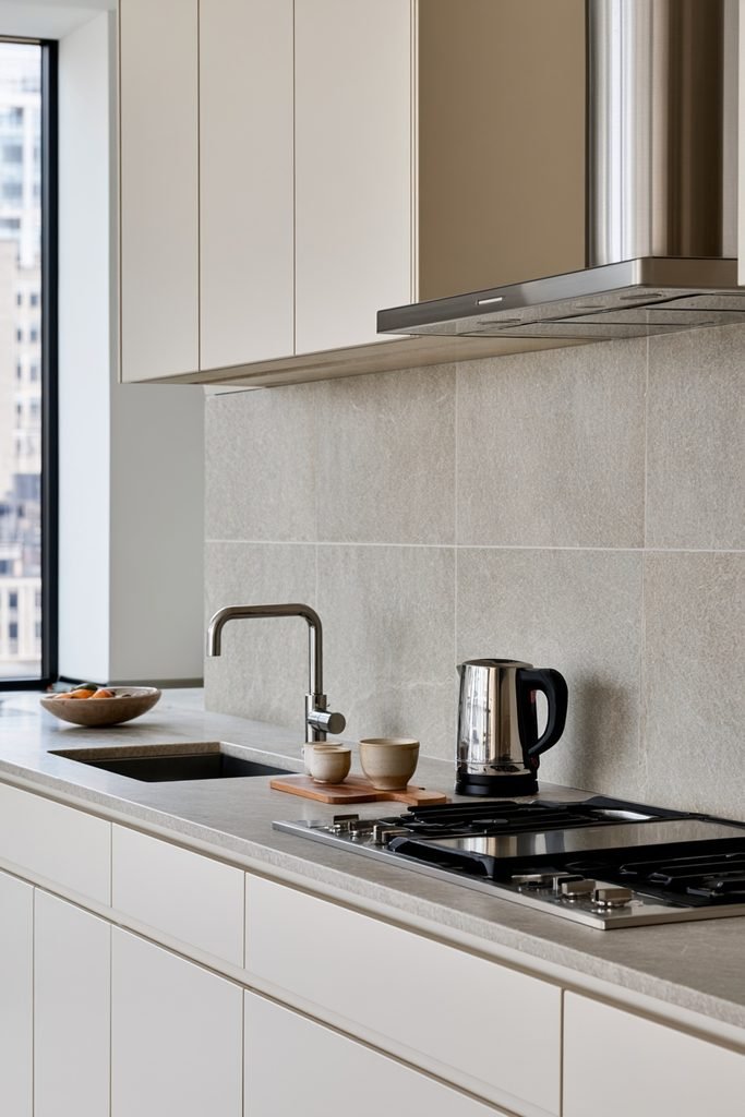 Realistic kitchen featuring handmade zellige tile backsplash with irregular edges and varied glazed texture.