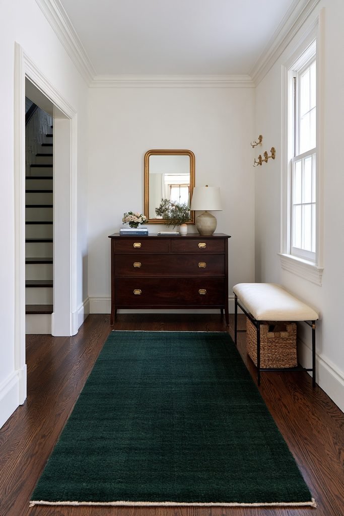 Emerald green hallway runner in a traditional home with dark walnut floors, brass accents, wooden sideboard, mirror, bench, and staircase.